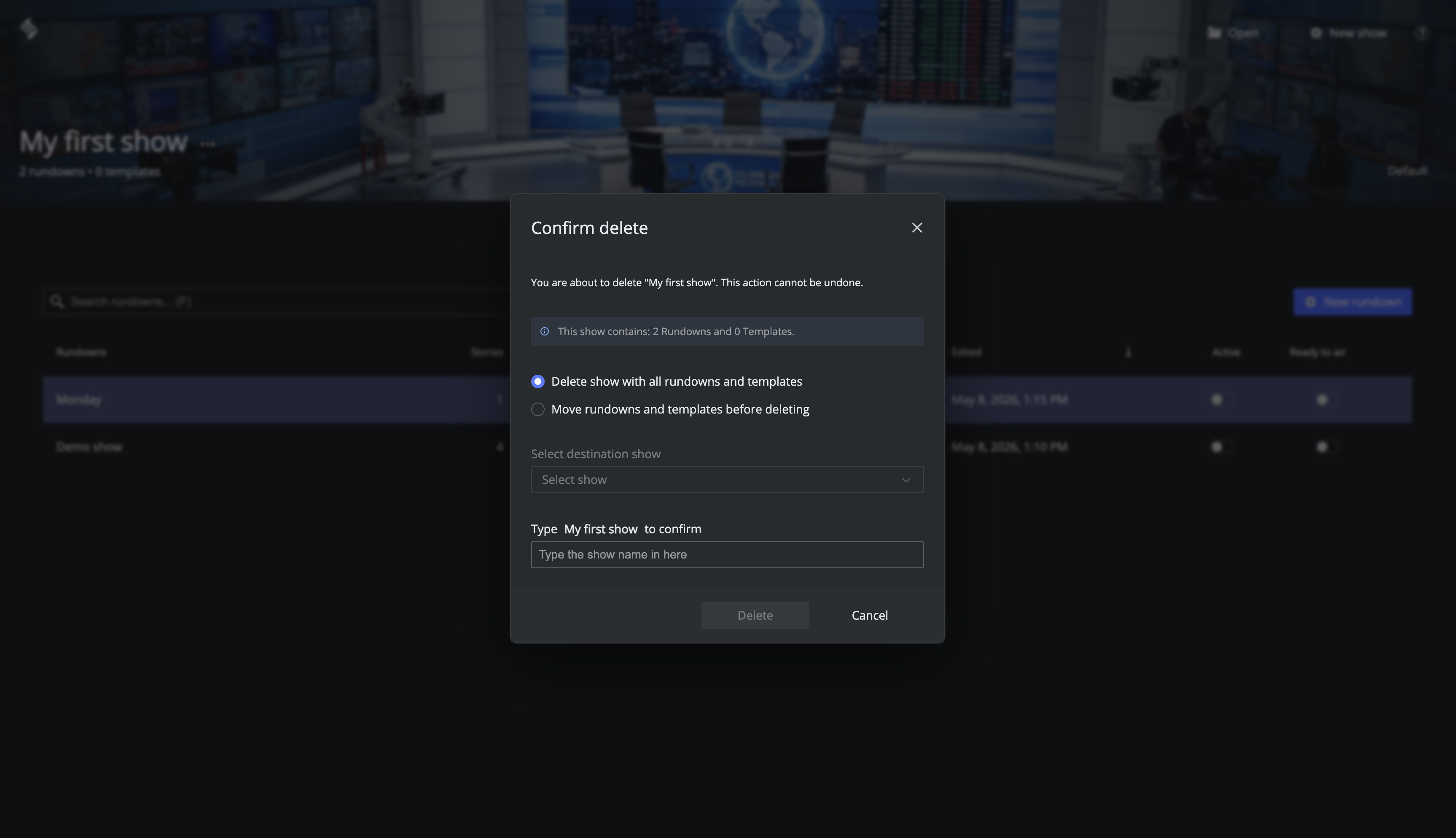 Delete show dialog
